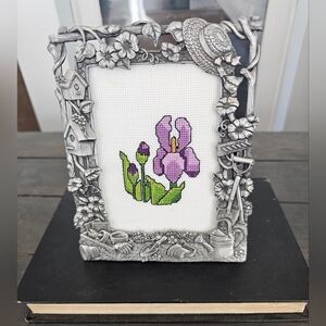 Vintage Cross Stich/Needleoint Purple Iris In Frame